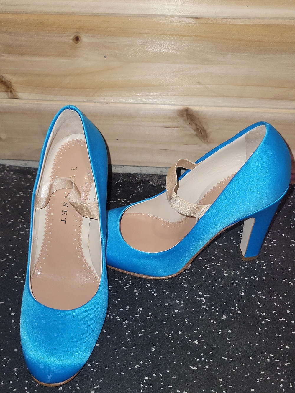 Twin-Set Bright Blue Satin Mary Jane Heels with Beige Strap
